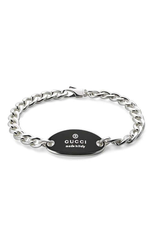 Gucci Trademark Chain Silver Bracelet with Black Enamel Tag YBA797043001 Bandiera Jewellers