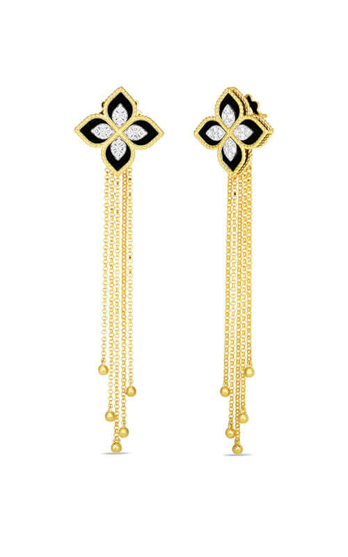 Roberto Coin Princess Flower 18k Yellow Gold Onyx Diamond Earrings 8882800AJERB Bandiera Jewellers